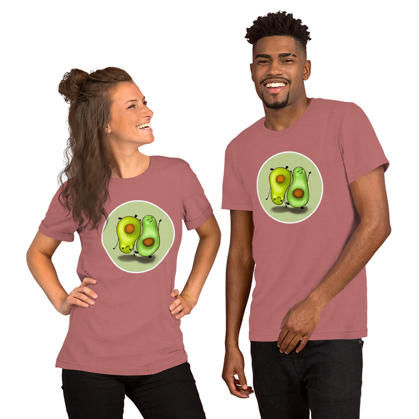 Model mockup of a rosewood tee featuring two cute avocados performing opposite yoga‑like poses