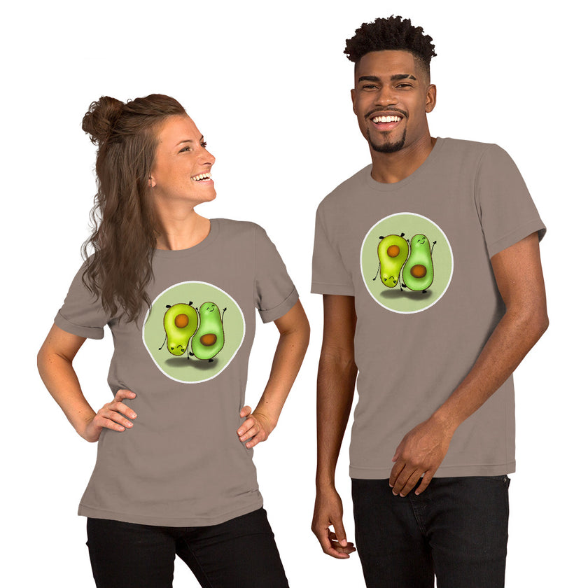 Model mockup of a taupe tee with two cute avocados doing mirrored poses, one upright and one handstanding