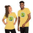Model mockup of a yellow tee featuring two kawaii avocados in opposite upright and upside‑down positions