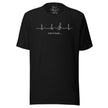 Black Heartbeat Music Tee on a bodyform featuring the clean ECG‑style heartbeat line merging into a treble clef with the text ‘Lost in music…,’ printed in high‑contrast white on smooth black cotton