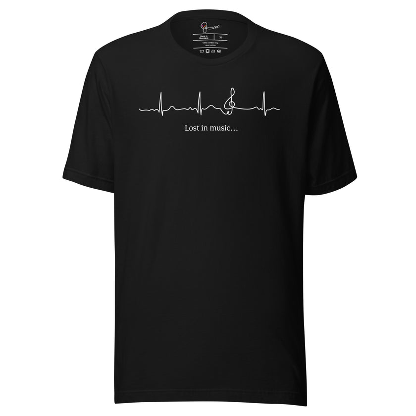 Black Heartbeat Music Tee on a bodyform featuring the clean ECG‑style heartbeat line merging into a treble clef with the text ‘Lost in music…,’ printed in high‑contrast white on smooth black cotton
