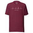 Burgundy Heartbeat Music Tee displayed on a bodyform showing the minimalist ECG‑inspired heartbeat line transitioning into a treble clef with ‘Lost in music…,’ printed in bright white on breathable cotton