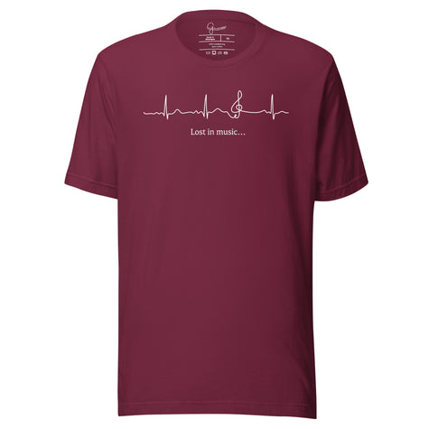 Burgundy Heartbeat Music Tee displayed on a bodyform showing the minimalist ECG‑inspired heartbeat line transitioning into a treble clef with ‘Lost in music…,’ printed in bright white on breathable cotton