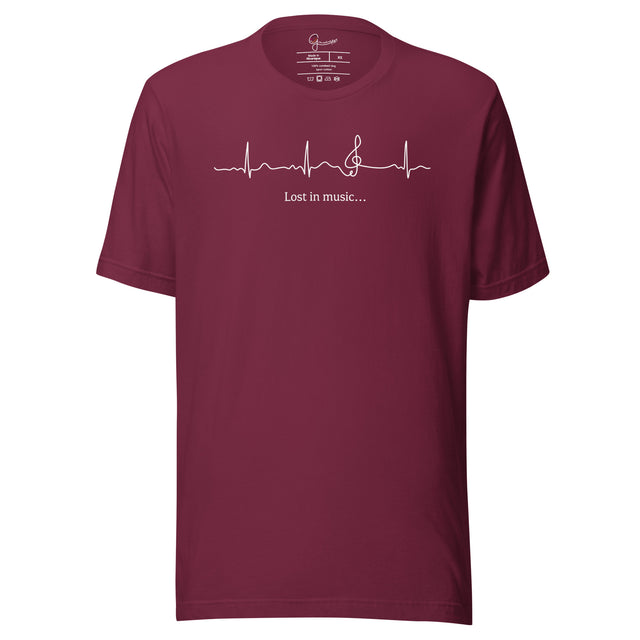 Burgundy Heartbeat Music Tee displayed on a bodyform showing the minimalist ECG‑inspired heartbeat line transitioning into a treble clef with ‘Lost in music…,’ printed in bright white on breathable cotton