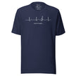 Navy Heartbeat Music Tee displayed on a bodyform featuring the ECG‑inspired heartbeat line flowing into a treble clef with ‘Lost in music…,’ printed in crisp white on deep navy cotton