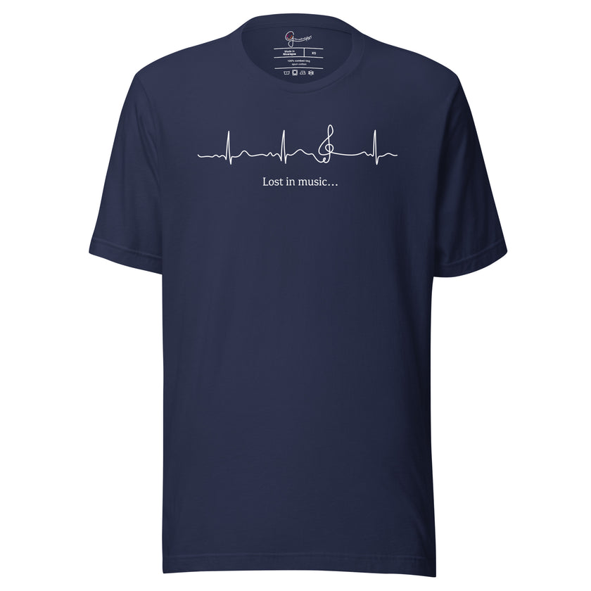 Navy Heartbeat Music Tee displayed on a bodyform featuring the ECG‑inspired heartbeat line flowing into a treble clef with ‘Lost in music…,’ printed in crisp white on deep navy cotton