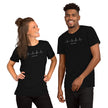 Two models wearing the black Heartbeat Music Tee with the minimalist heartbeat‑pulse treble‑clef graphic and ‘Lost in music…’ text, creating a bold monochrome music‑themed look