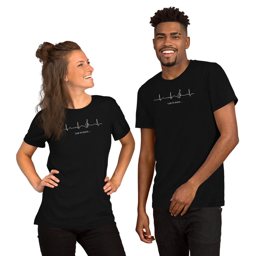 Two models wearing the black Heartbeat Music Tee with the minimalist heartbeat‑pulse treble‑clef graphic and ‘Lost in music…’ text, creating a bold monochrome music‑themed look