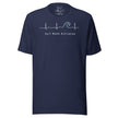 Navy Heartbeat Surf Tee displayed on a bodyform featuring the ECG‑inspired heartbeat line turning into a surf wave with ‘Surf Mode Activated,’ printed in bright white on breathable cotton