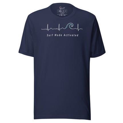 Navy Heartbeat Surf Tee displayed on a bodyform featuring the ECG‑inspired heartbeat line turning into a surf wave with ‘Surf Mode Activated,’ printed in bright white on breathable cotton