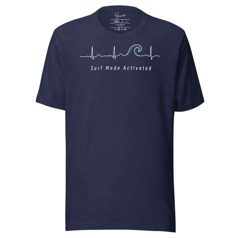 Navy Heartbeat Surf Tee displayed on a bodyform featuring the ECG‑inspired heartbeat line turning into a surf wave with ‘Surf Mode Activated,’ printed in bright white on breathable cotton