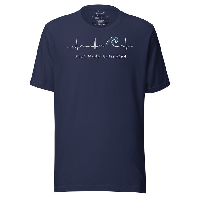 Navy Heartbeat Surf Tee displayed on a bodyform featuring the ECG‑inspired heartbeat line turning into a surf wave with ‘Surf Mode Activated,’ printed in bright white on breathable cotton