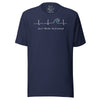 Navy Heartbeat Surf Tee displayed on a bodyform featuring the ECG‑inspired heartbeat line turning into a surf wave with ‘Surf Mode Activated,’ printed in bright white on breathable cotton
