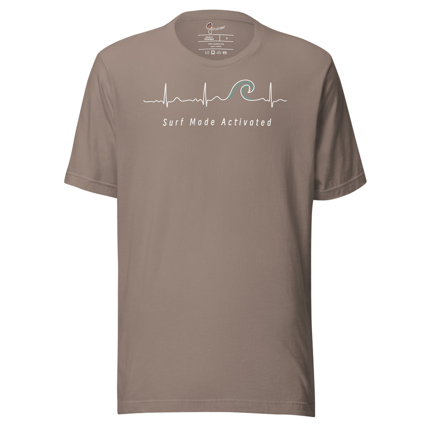 Taupe Heartbeat Surf Tee on a bodyform featuring the minimalist ECG‑inspired heartbeat line transitioning into a surf wave with the text ‘Surf Mode Activated,’ printed in clean contrasting white