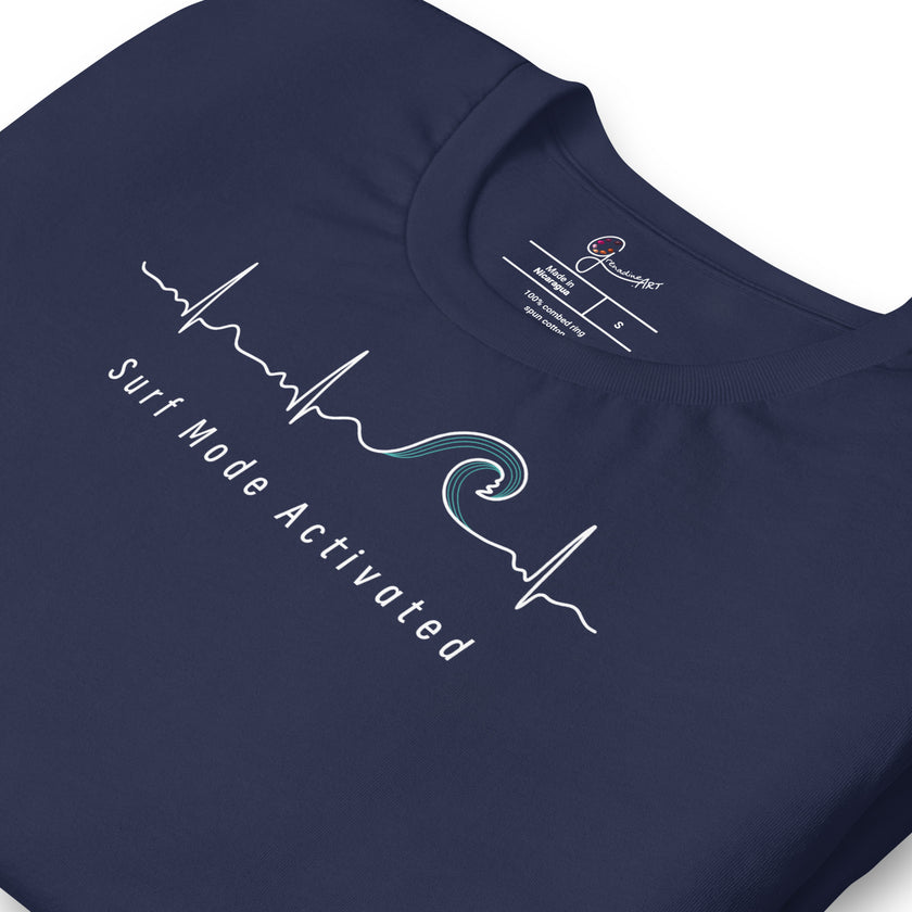 Detail shot of the navy Heartbeat Surf Tee showing the printed neck label and the ECG‑style heartbeat line transitioning into a surf wave, highlighting the smooth cotton texture and clean white print