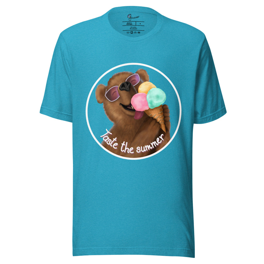 Aqua blue tee shown on a bodyform featuring a joyful brown bear in white sunglasses with pink lenses, licking a triple‑scoop ice cream and smiling widely