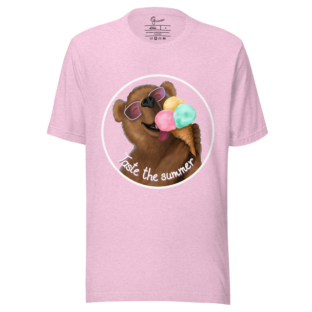 Light pink tee shown on a bodyform featuring a joyful brown bear in white sunglasses with pink lenses, holding and licking a triple‑scoop ice cream with a big happy smile