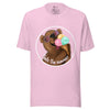 Light pink tee shown on a bodyform featuring a joyful brown bear in white sunglasses with pink lenses, holding and licking a triple‑scoop ice cream with a big happy smile