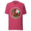 Raspberry tee shown on a bodyform featuring a joyful brown bear in white sunglasses with pink lenses, licking a triple‑scoop ice cream and smiling with its mouth open