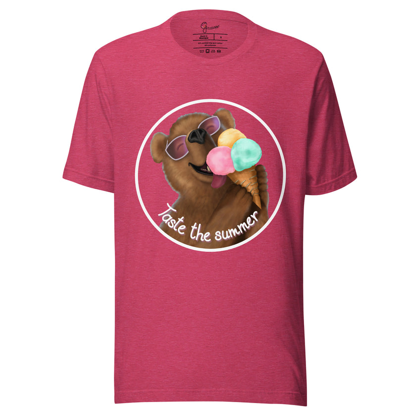 Raspberry tee shown on a bodyform featuring a joyful brown bear in white sunglasses with pink lenses, licking a triple‑scoop ice cream and smiling with its mouth open