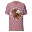 Rosewood tee on a bodyform featuring a cute brown bear in white sunglasses with pink lenses, holding and licking a triple‑scoop ice cream with a bright, joyful smile