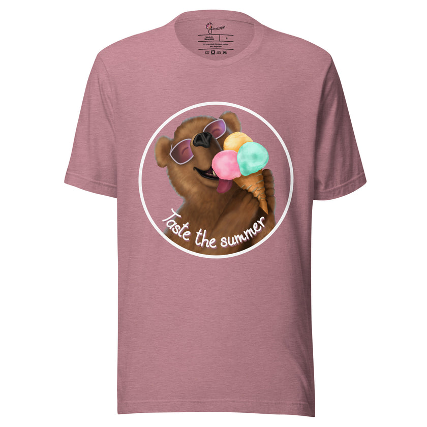 Rosewood tee on a bodyform featuring a cute brown bear in white sunglasses with pink lenses, holding and licking a triple‑scoop ice cream with a bright, joyful smile
