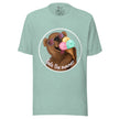 Sage green tee on a bodyform featuring a cute brown bear in white sunglasses with pink lenses, holding and licking a triple‑scoop ice cream with joyful excitement