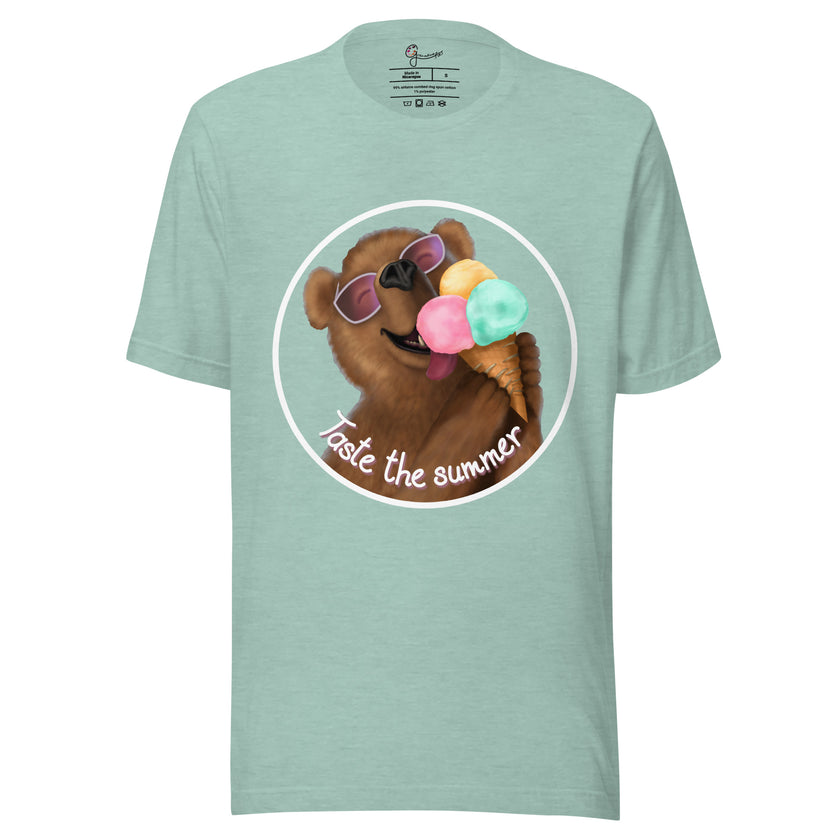 Sage green tee on a bodyform featuring a cute brown bear in white sunglasses with pink lenses, holding and licking a triple‑scoop ice cream with joyful excitement