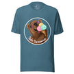 Slate teal tee on a bodyform featuring a kawaii brown bear in white sunglasses with pink lenses, holding and licking a triple‑scoop ice cream with joyful excitement