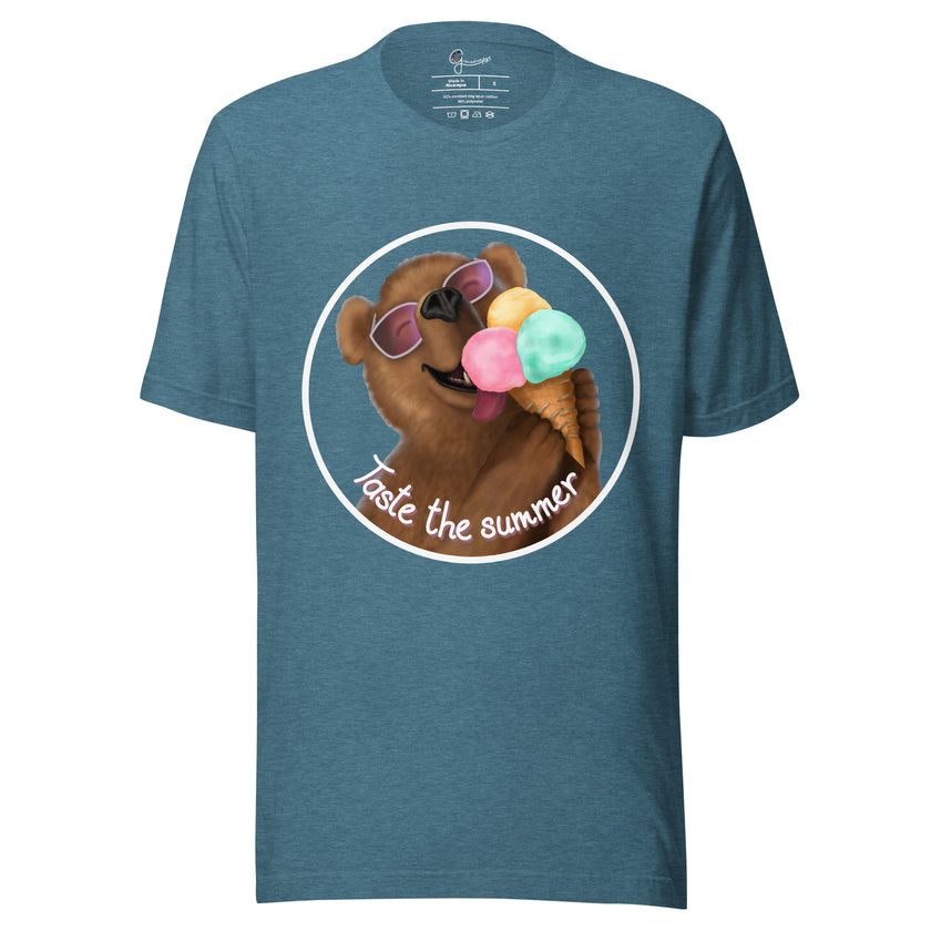 Slate teal tee on a bodyform featuring a kawaii brown bear in white sunglasses with pink lenses, holding and licking a triple‑scoop ice cream with joyful excitement
