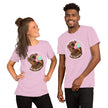 Model mockup of a light pink tee with a kawaii brown bear wearing white sunglasses with pink lenses, enjoying a triple‑scoop ice cream and smiling with its tongue out