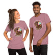 Model mockup of a rosewood tee with a kawaii bear wearing white sunglasses with pink lenses, enjoying a triple‑scoop ice cream with its mouth open and tongue out