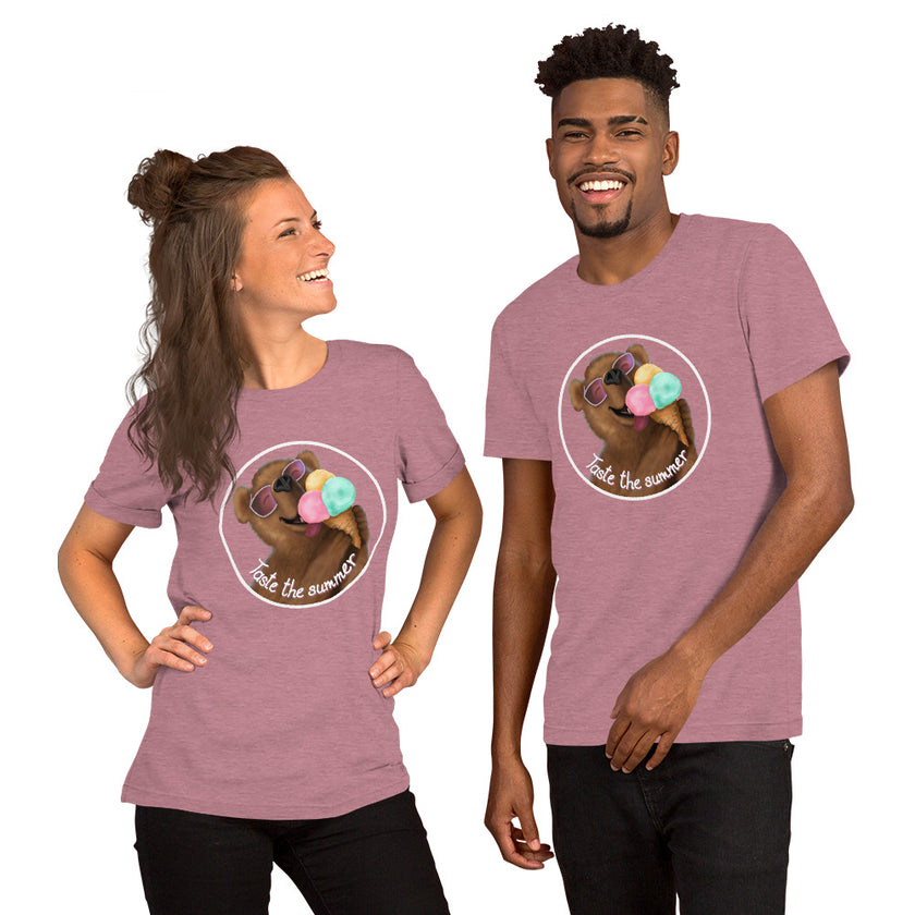 Model mockup of a rosewood tee with a kawaii bear wearing white sunglasses with pink lenses, enjoying a triple‑scoop ice cream with its mouth open and tongue out