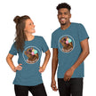 Model mockup of a slate teal tee with a cute brown bear wearing white sunglasses with pink lenses, enjoying a triple‑scoop ice cream with its mouth open and tongue out