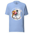 Ice blue tee shown on a bodyform featuring a joyful polar bear holding three scoops of ice cream with its mouth open and tongue showing
