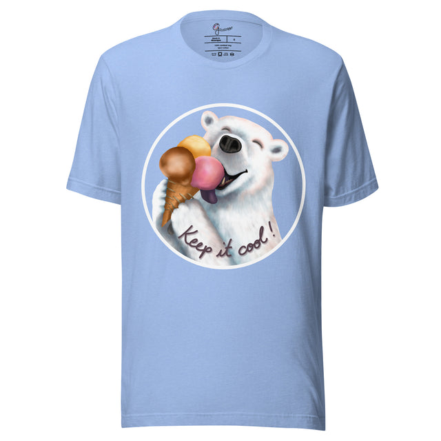 Ice blue tee shown on a bodyform featuring a joyful polar bear holding three scoops of ice cream with its mouth open and tongue showing