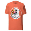 Orange tee shown on a bodyform with a funny polar bear licking three scoops of ice cream, mouth wide open and smiling in excitement