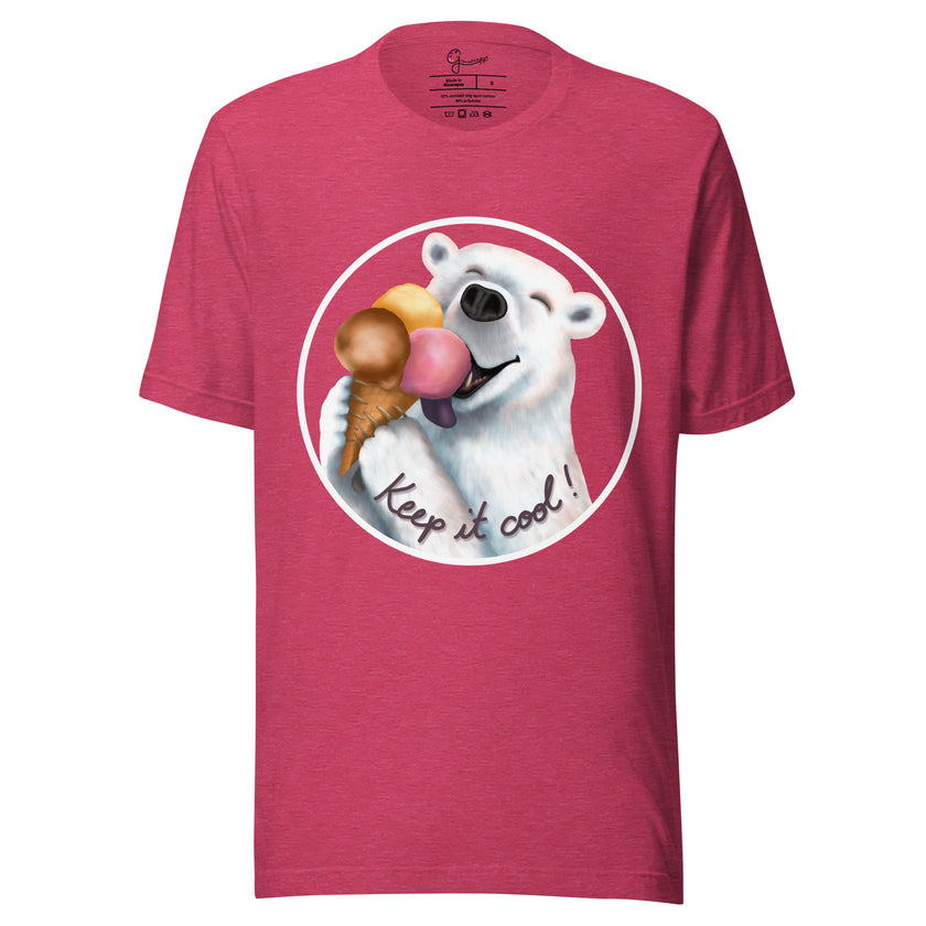 Raspberry tee shown on a bodyform featuring a joyful polar bear holding three scoops of ice cream with its mouth wide open and tongue out