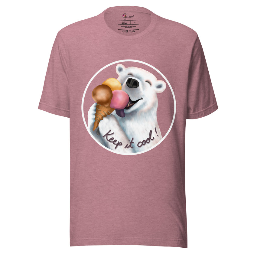 Rosewood tee on a bodyform featuring a cute polar bear holding three scoops of ice cream, mouth open and tongue showing in a happy expression