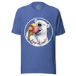 Royal blue tee on a bodyform featuring a cute polar bear holding three scoops of ice cream, mouth wide open with its tongue out in a joyful expression