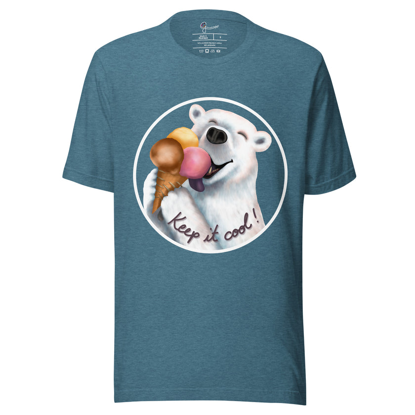 Slate teal tee on a bodyform with a cute polar bear holding three scoops of ice cream, mouth open and tongue showing in a playful, joyful pose