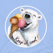 Closeup of a cute polar bear licking three scoops of ice cream, printed on a light blue tee