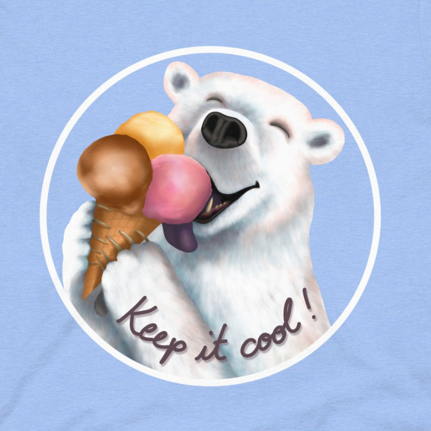 Closeup of a cute polar bear licking three scoops of ice cream, printed on a light blue tee