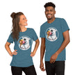 Model mockup of a slate teal tee featuring a joyful polar bear holding three scoops of ice cream with its mouth wide open and tongue out