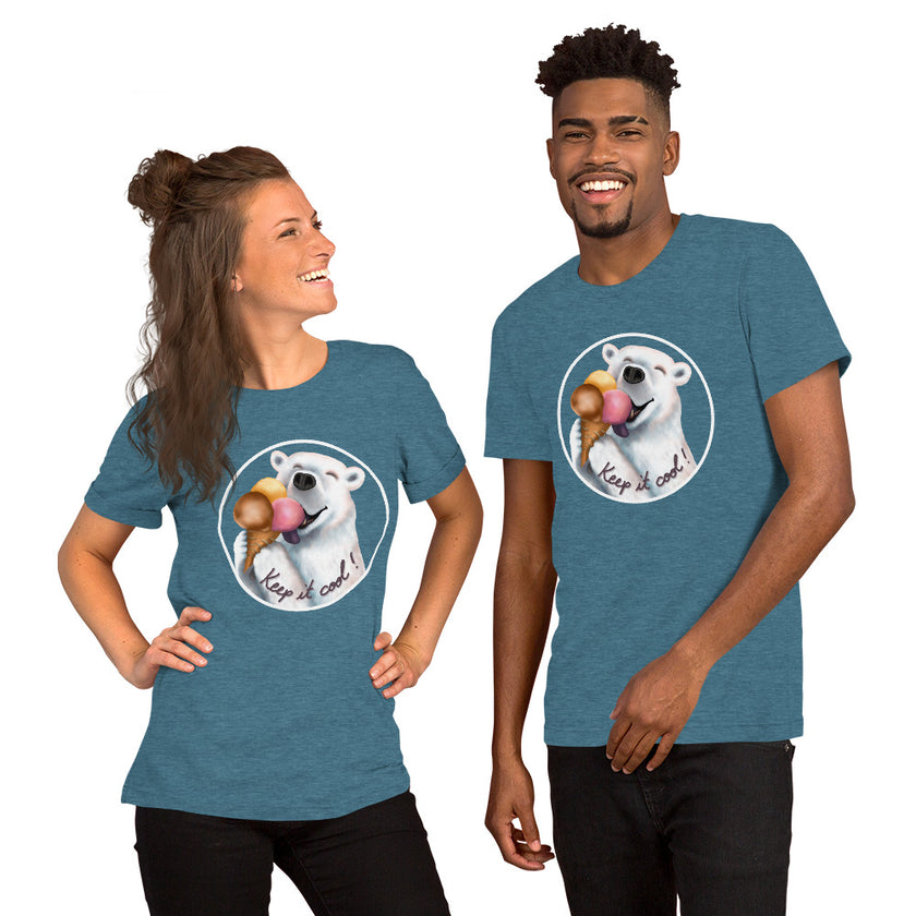 Model mockup of a slate teal tee featuring a joyful polar bear holding three scoops of ice cream with its mouth wide open and tongue out