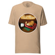 Beige tee on a bodyform with a cute couch potato illustration of a potato lounging on a sofa watching TV