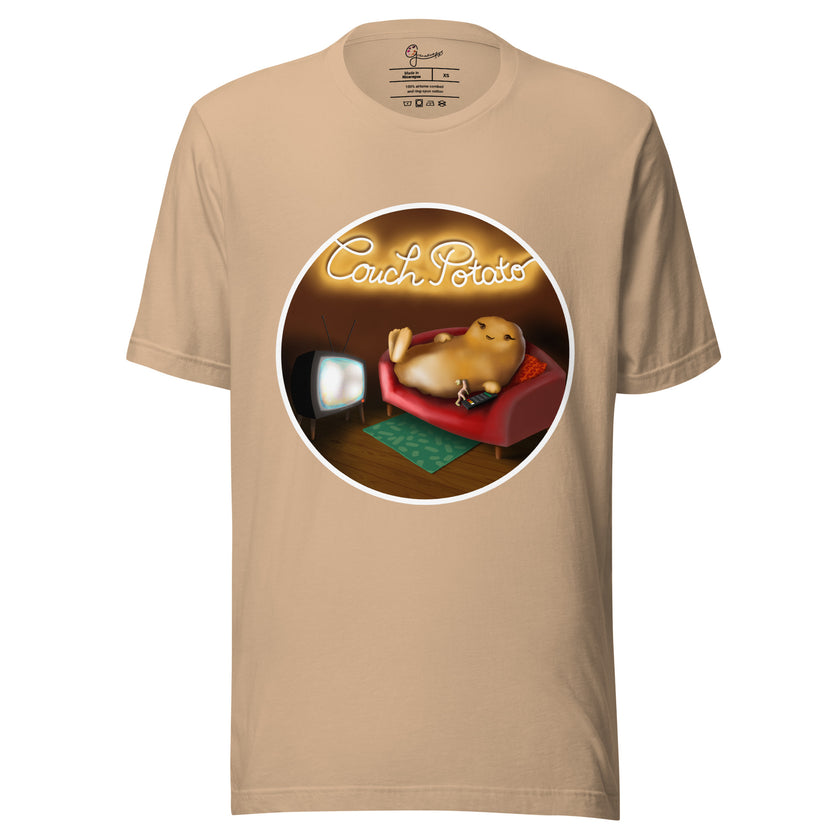 Beige tee on a bodyform with a cute couch potato illustration of a potato lounging on a sofa watching TV