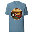 Denim blue tee shown on a bodyform featuring a kawaii lazy potato stretched out on a couch in front of the TV