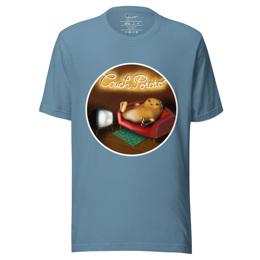Denim blue tee shown on a bodyform featuring a kawaii lazy potato stretched out on a couch in front of the TV