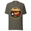 Olive green tee shown on a bodyform featuring a cute lazy potato relaxing on a couch in front of the TV